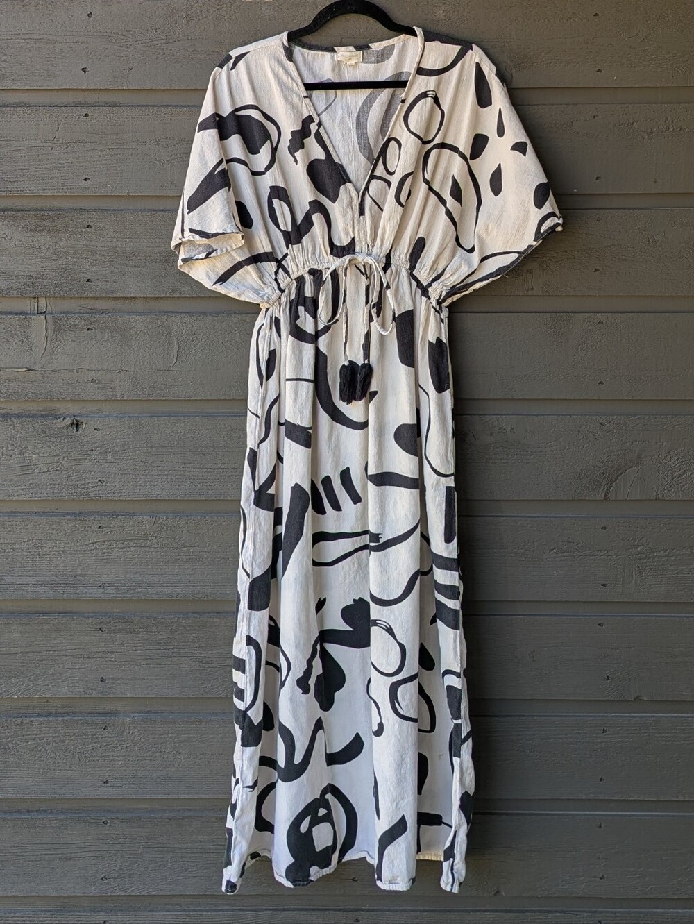 World Market Abstract Black & Cream Kaftan Maxi Dress Size L/XL Cotton Linen